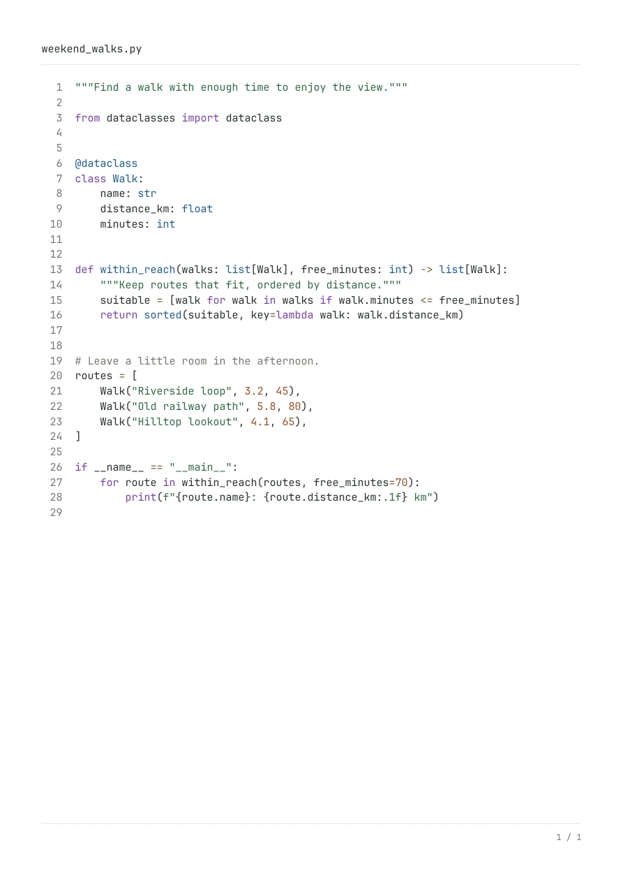 Python listing with a dataclass, indented function, docstrings and numbered source lines